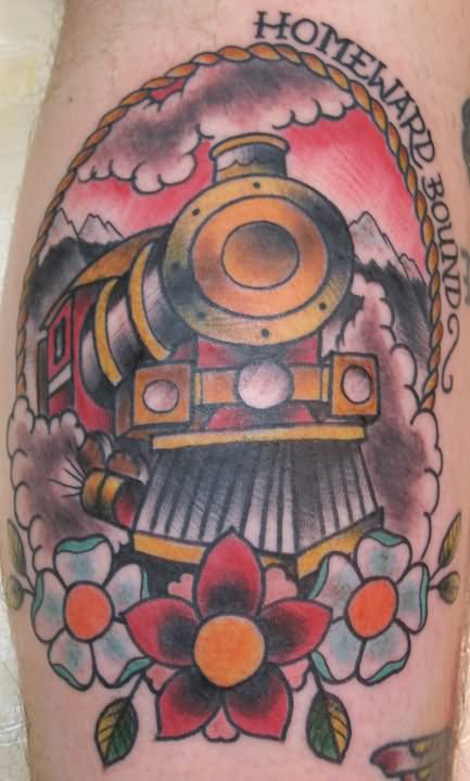 Freight Train In Rope Frame With Flowers Tattoo Design
