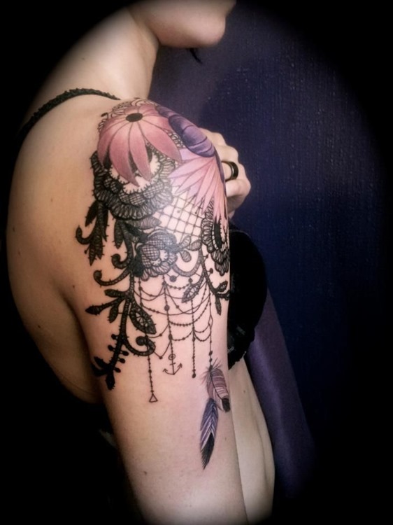 Girl With Lace Flower Tattoo On Right Shoulder