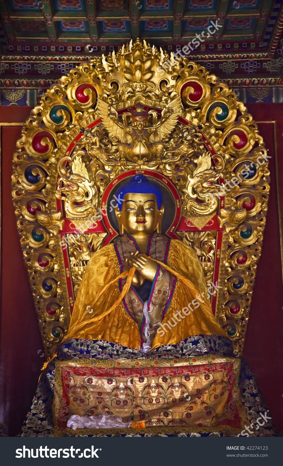 Golden Statue Of Lord Buddha Inside The Yonghe Temple