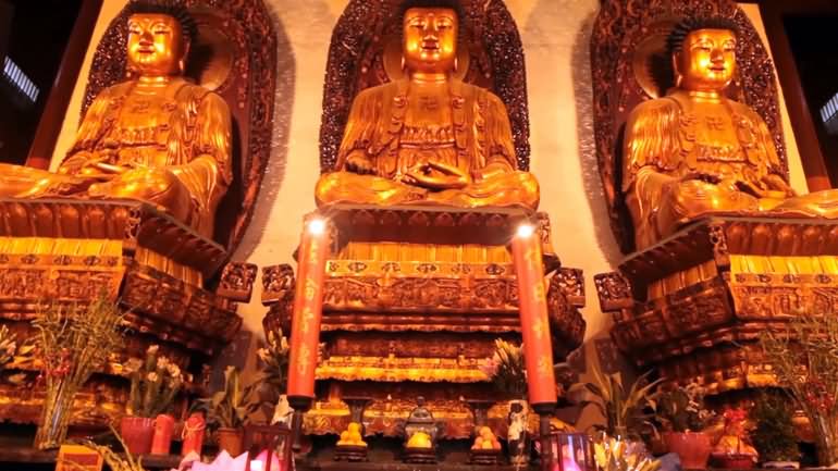 Golden Statues Of Lord Buddha Inside The Jade Buddha Temple, Xi'an