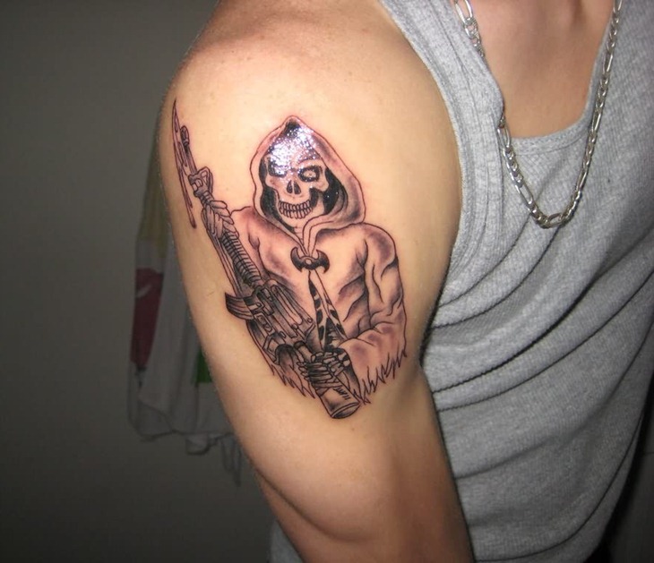 Grey And White Grim Reaper Tattoo On Right Shoulder