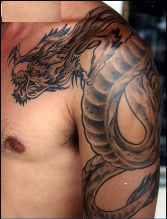 Grey Dragon Tattoo On Left Shoulder For Men