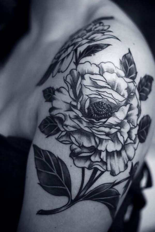 Grey Flower Tattoo On Left Shoulder For Girls