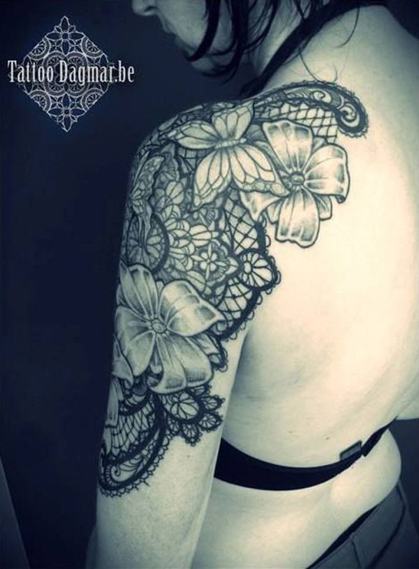Grey Flowers Tattoo On Left Shoulder