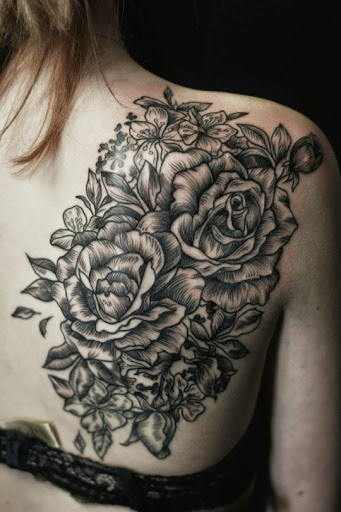 Grey Flowers Tattoos On Right Back Shoulder