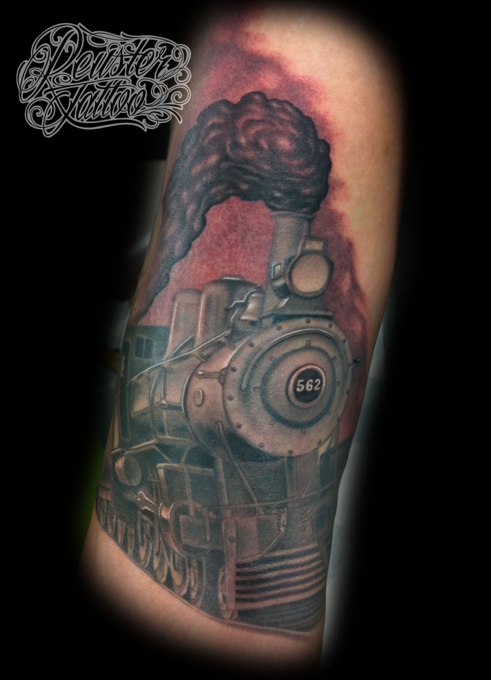 Grey Ink 3D Freight Train Tattoo Design For Arm