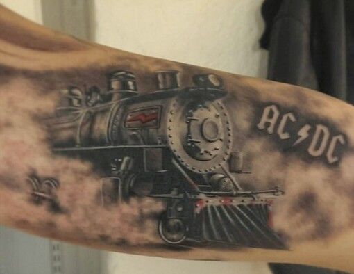 Grey Ink 3D Freight Train Tattoo Design For Sleeve