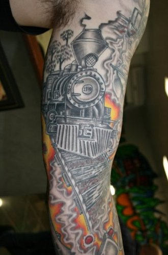 Grey Ink 3D Old Train Engine Tattoo On Full Sleeve