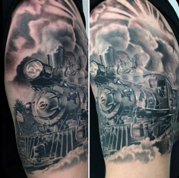 Grey Ink 3D Steam Train Tattoo Design For Half Sleeve
