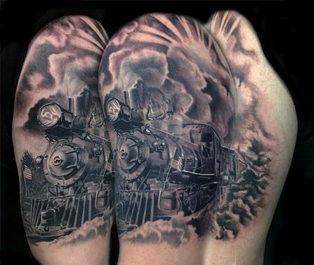 Grey Ink 3D Train Tattoo On Half Sleeve