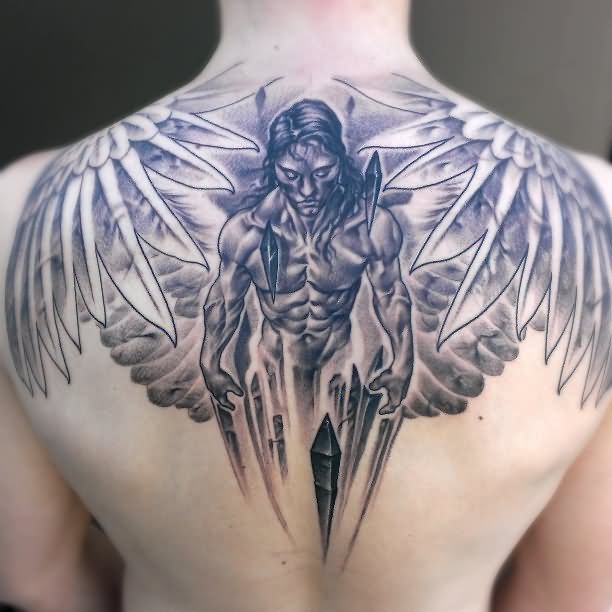 Grey Ink Angel Tattoo On Man Upper Back