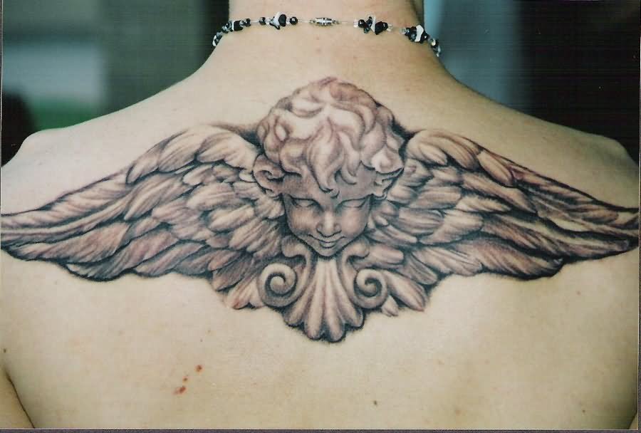 Grey Ink Baby Angel Tattoo On Upper Back