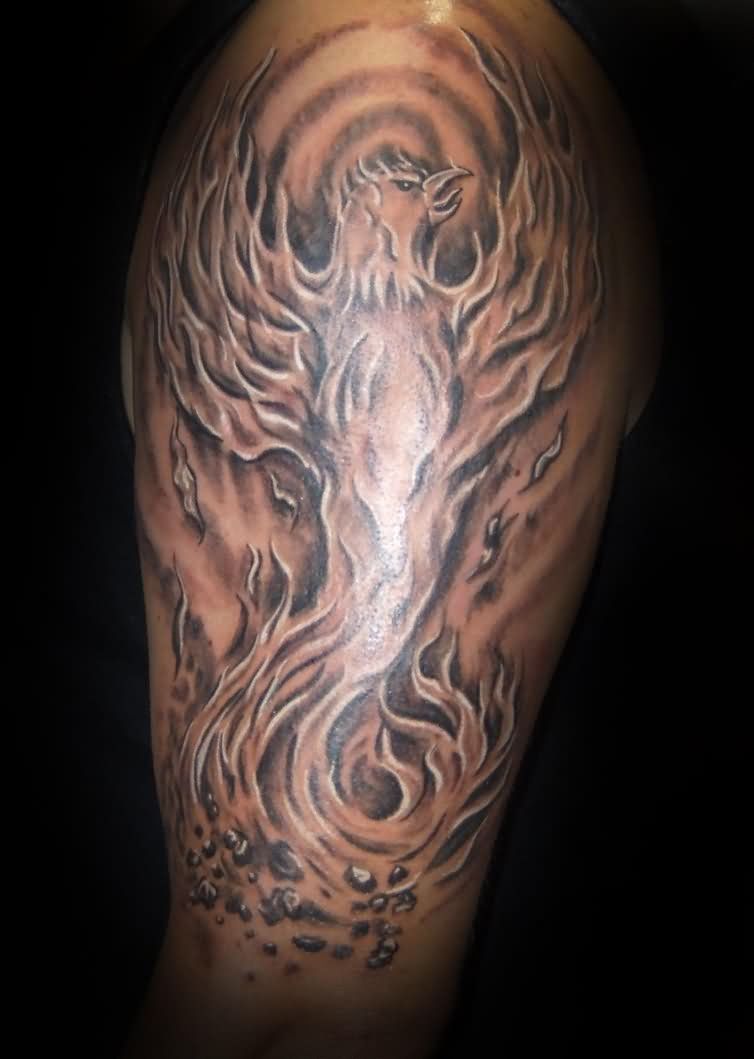 Grey Ink Flaming Phoenix Tattoo Design For Half Sleeve