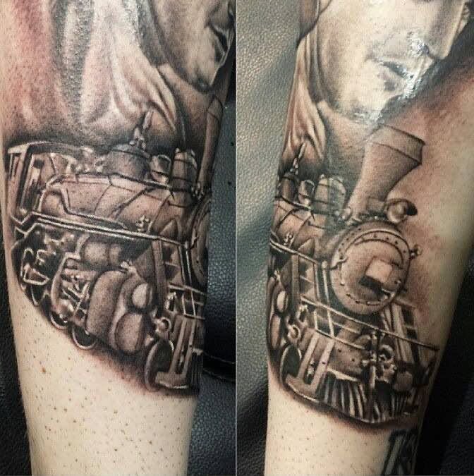 Grey Ink Freight Train Tattoo Design For Sleeve