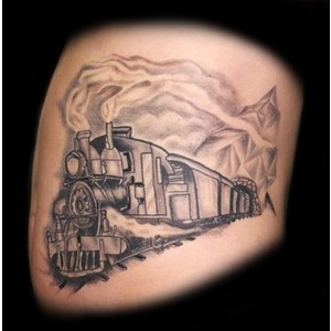 Grey Ink Freight Train Tattoo Design