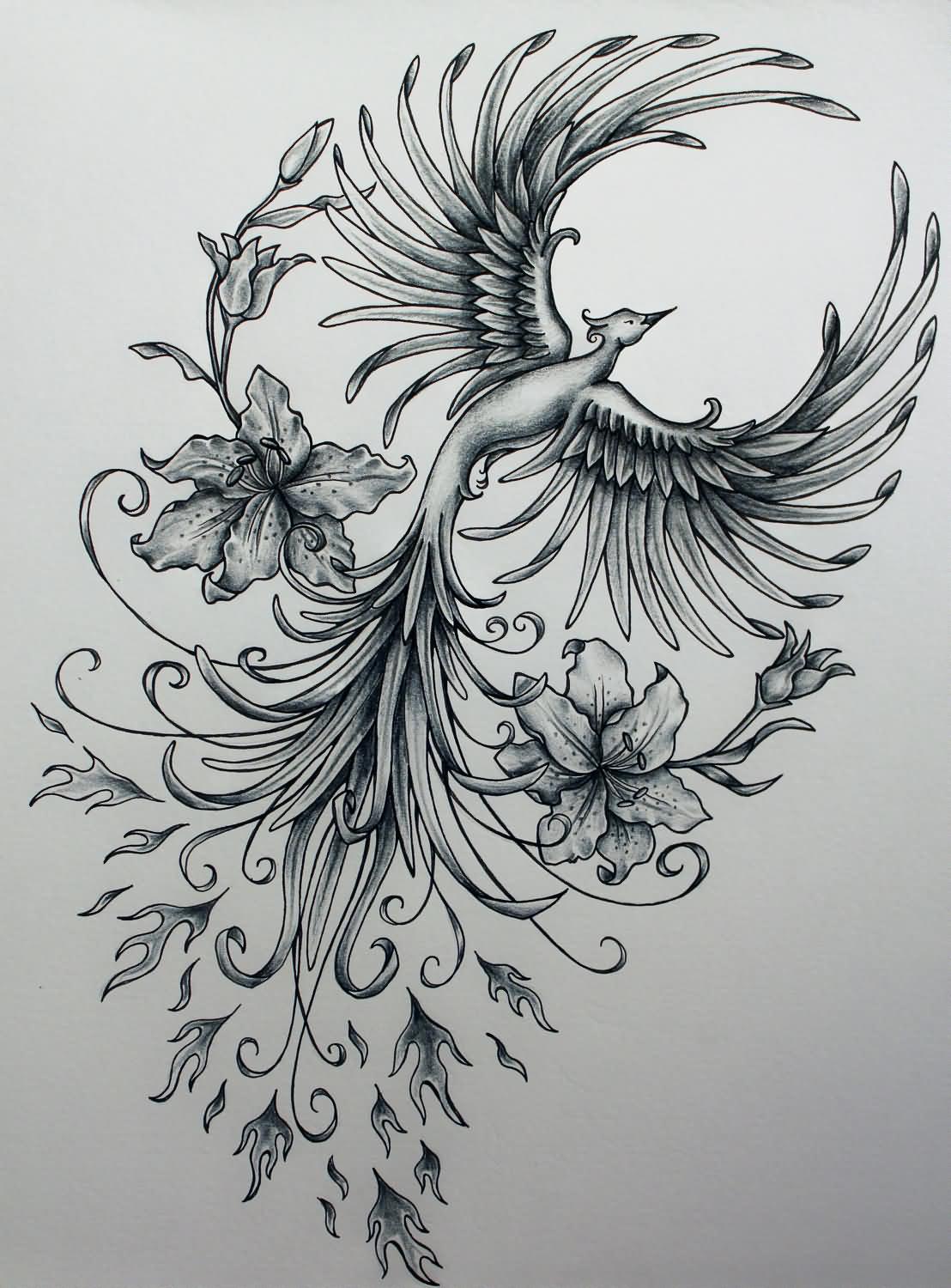 Grey Ink Girly Phoenix With Flowers Tattoo Design
