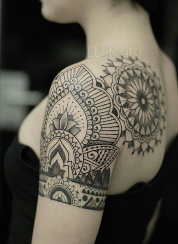Grey Ink Mandala Flower Shoulder Tattoo For Girls
