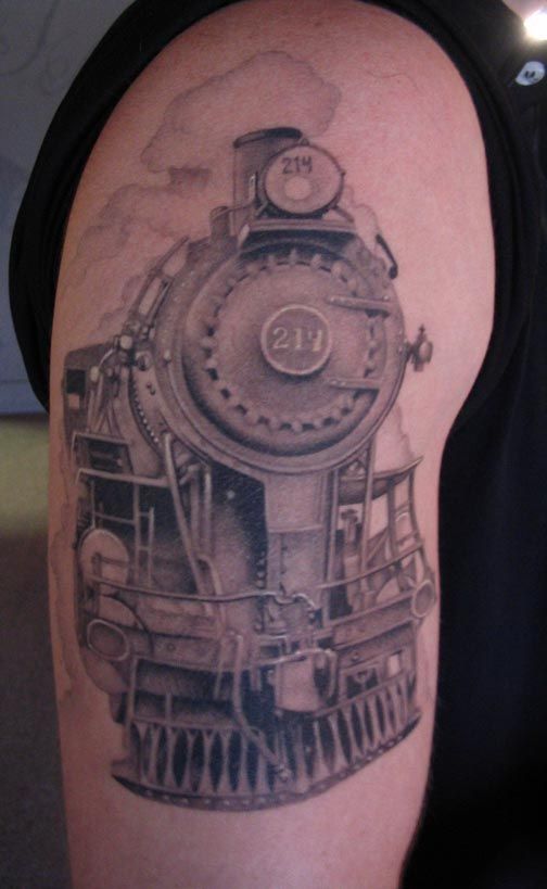 Grey Ink Old Train Tattoo On Right Half Sleeve