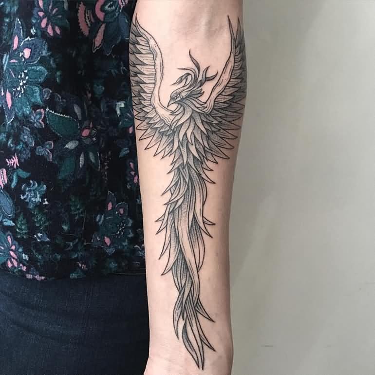 Grey Ink Phoenix Tattoo On Forearm