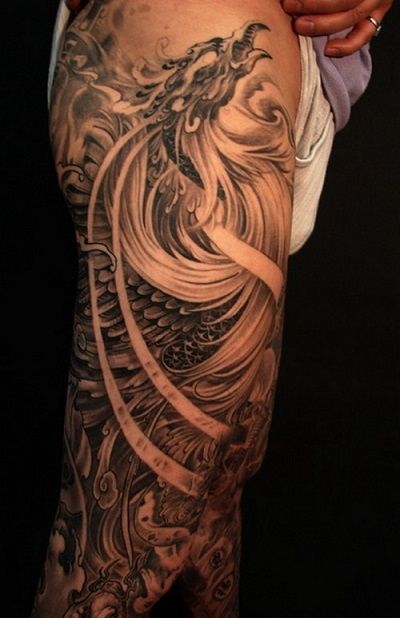 Grey Ink Phoenix Tattoo On Right Upper Leg
