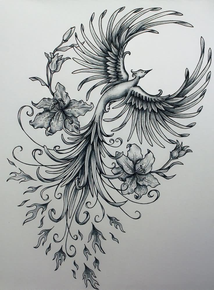 Grey Ink Phoenix With Flowers Tattoo Design By Jennifermckayhiggins