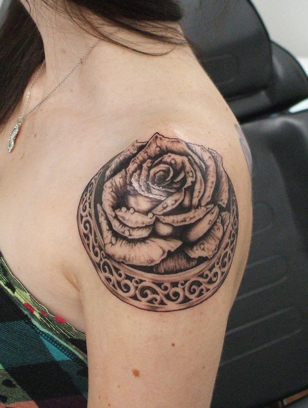 Grey Ink Shoulder Tattoo For Girls