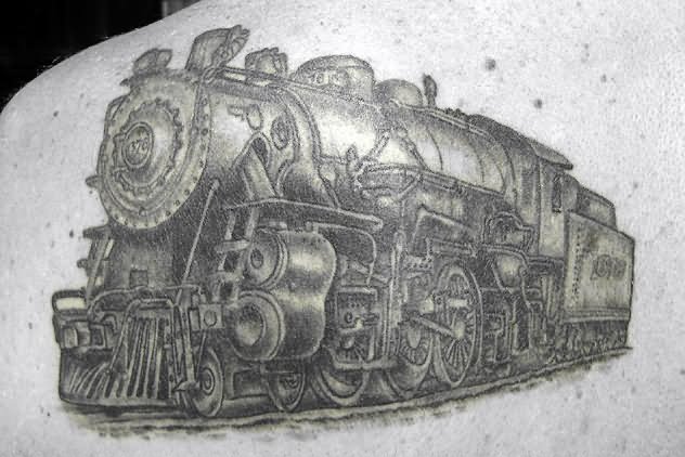 Grey Ink Steam Train Engine Tattoo On Back Shoulder