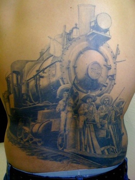 Grey Ink Steam Train Engine Tattoo On Full Back
