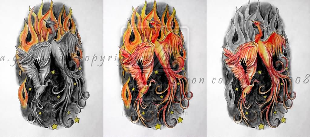 Grey Ink Three Flaming Phoenix Tattoo Design For Sleeve By Opioid