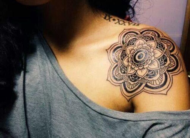 Grey Mandala Tattoo On Girl Front Shoulder