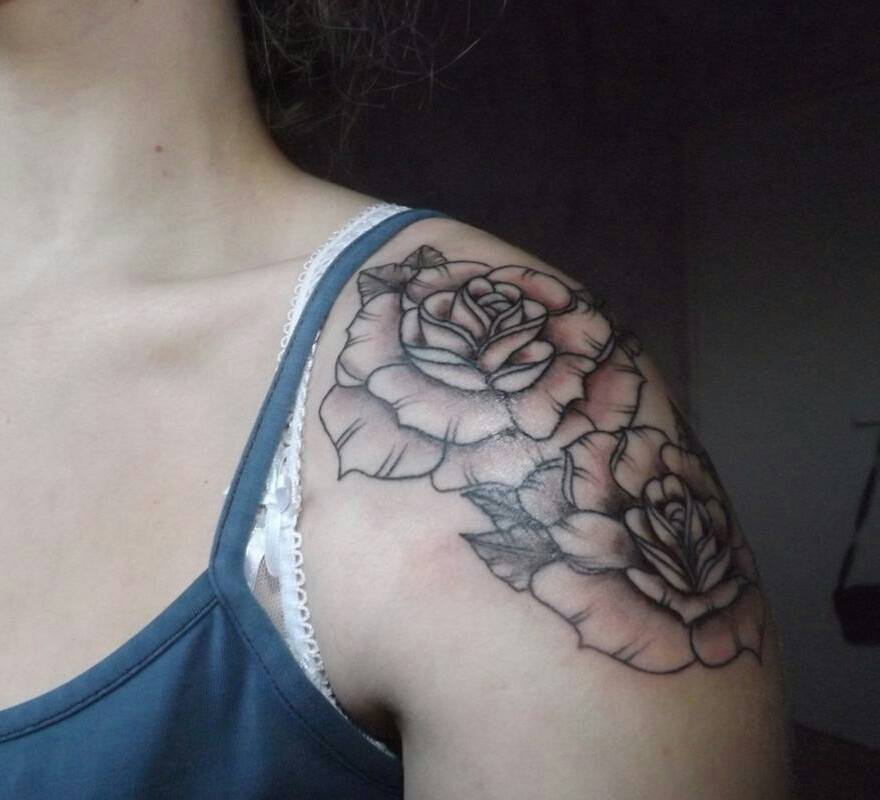 Grey Rose Flowers Tattoo On Shoulder