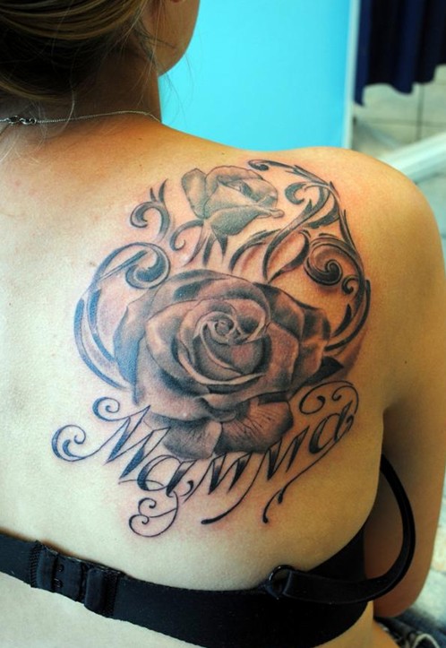 Grey Rose Tattoo On Right Back Shoulder