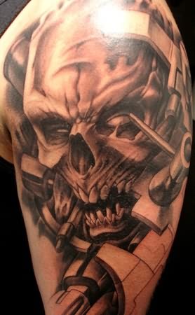 Grey Skull Tattoo On Left Shoulder