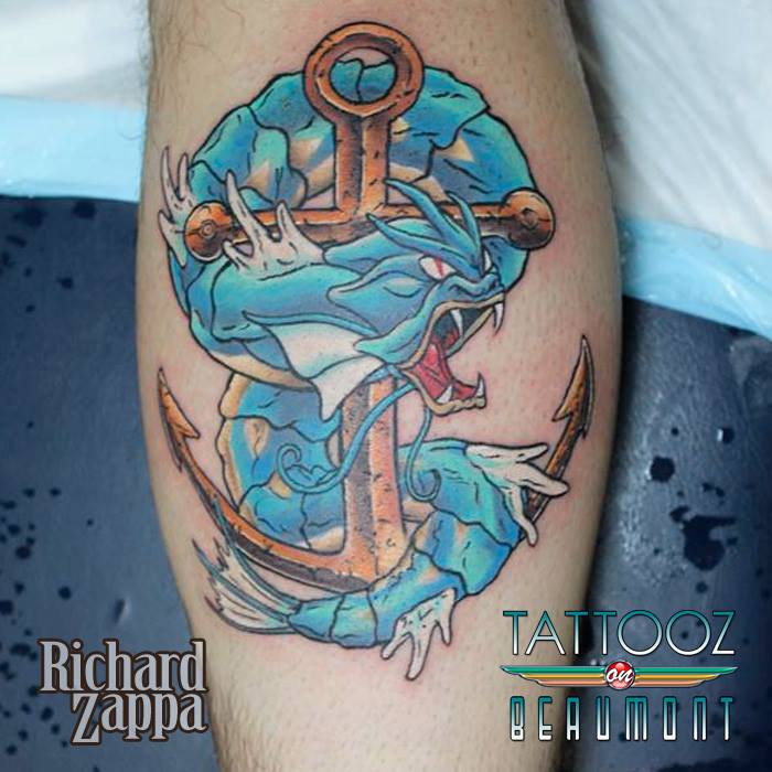 Gyarados Pokemon With Anchor Tattoo Design For Leg By Richard Zappa
