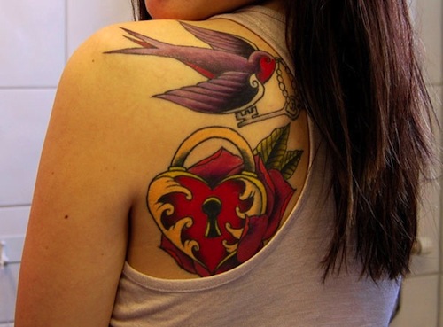 Heart Lock With Rose And Bird Tattoo On Girl Upper Left Back