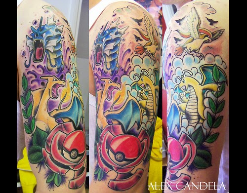 Legendary Charizard Pokemon Tattoo On Half Sleeve