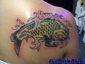 Memorial Koi Fish Tattoo On Upper Right Back By EvilLittleBlue