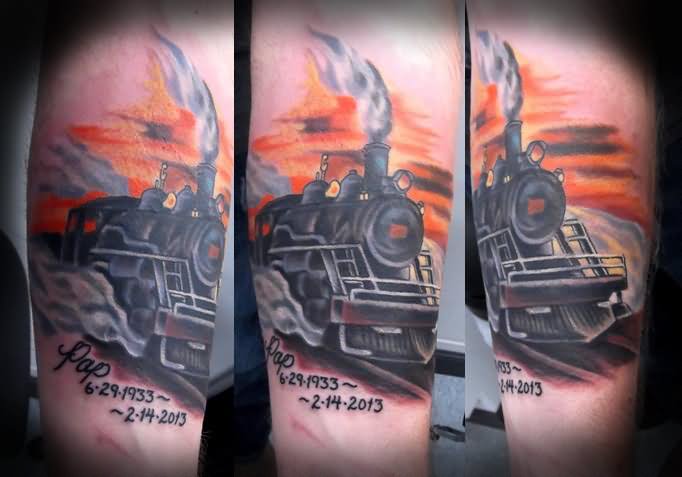 Memorial Steam Train Engine Tattoo Design For Sleeve