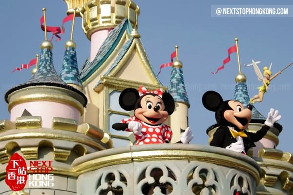 Mickey And Minnie Mouse Standing In Balcony At The Disneyland Hong Kong