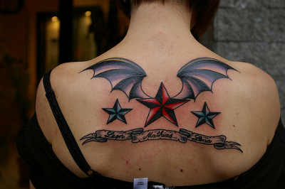 Nautical Stars With Wings And Banner Tattoo On Upper Back