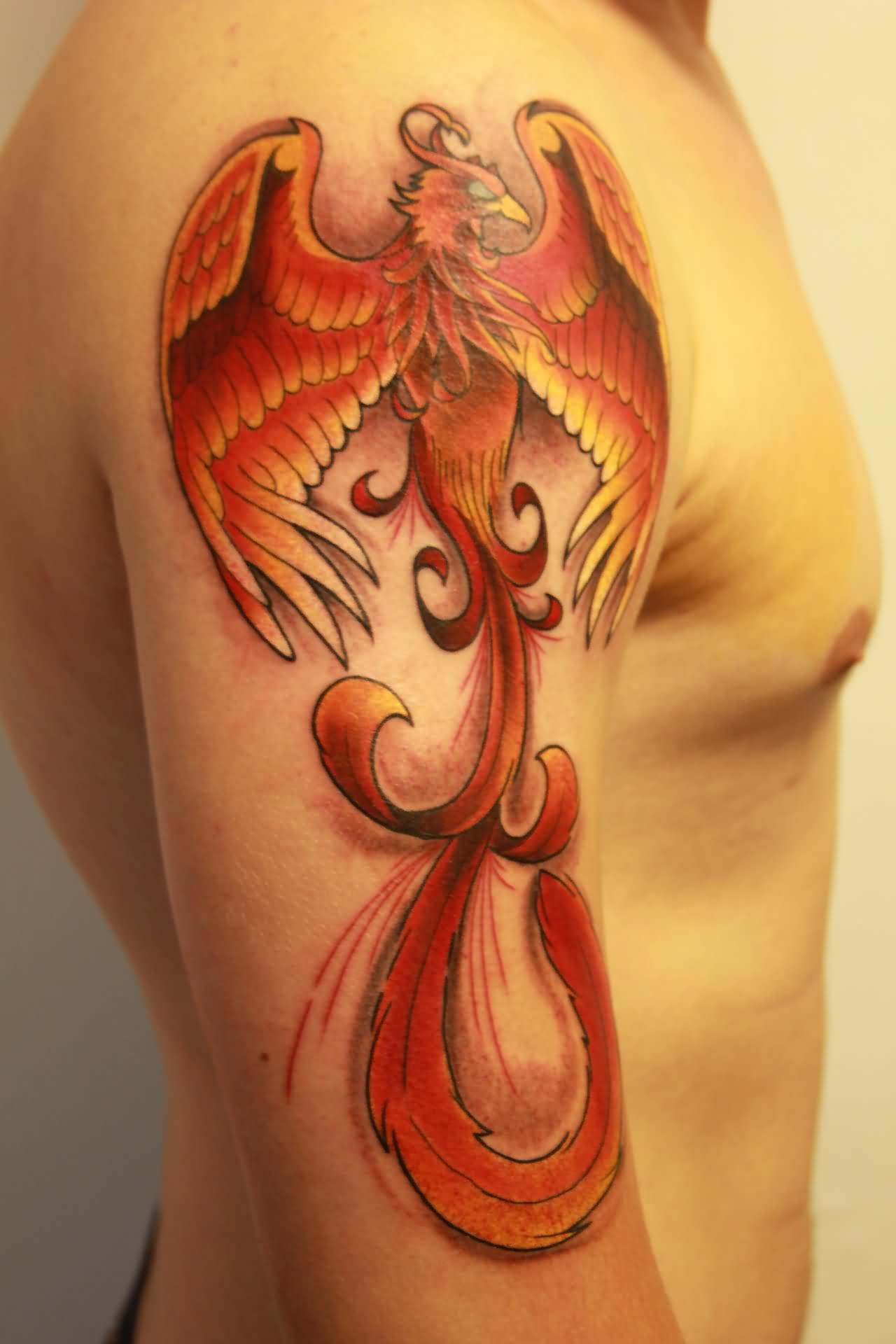 Nice Phoenix Tattoo On Man Right Half Sleeve By Casper