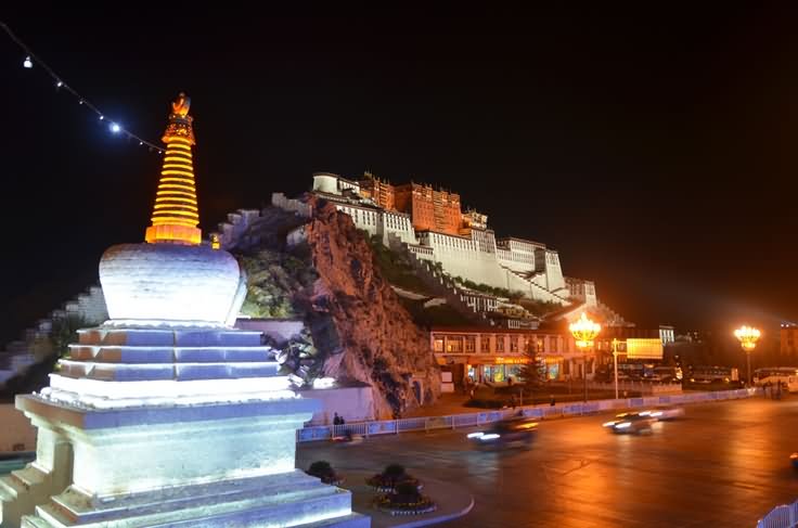 Night View Of The Potala Palace From A Corner Of Chakpori