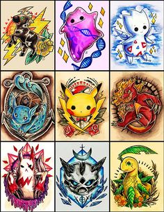 Nine Colorful Pokemon Tattoo Design