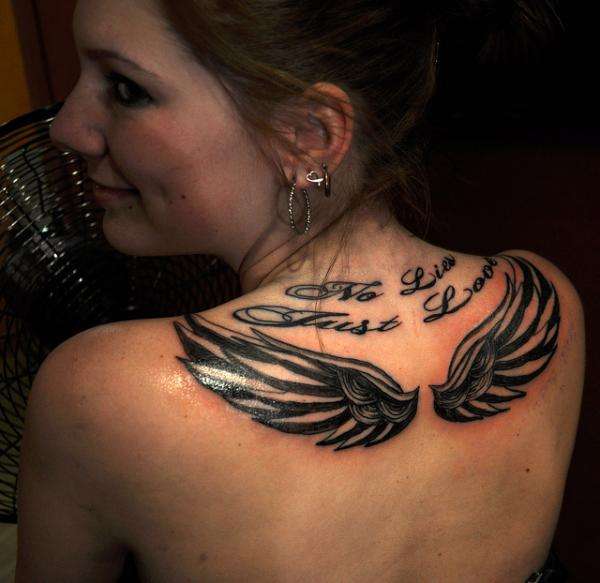 No Lies Just Love - Black Wings Tattoo On Girl Upper Back