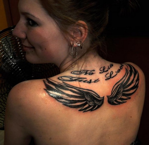 No Lies Just Love - Black Wings Tattoo On Upper Side Back