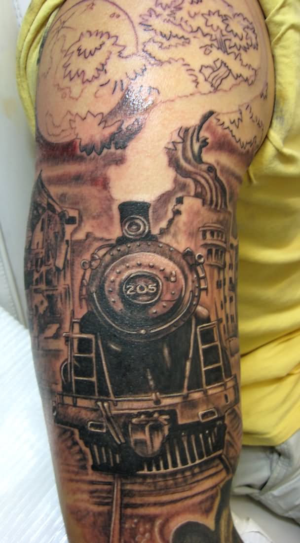 Old Freight Train Engine Tattoo On Right Half Sleeve