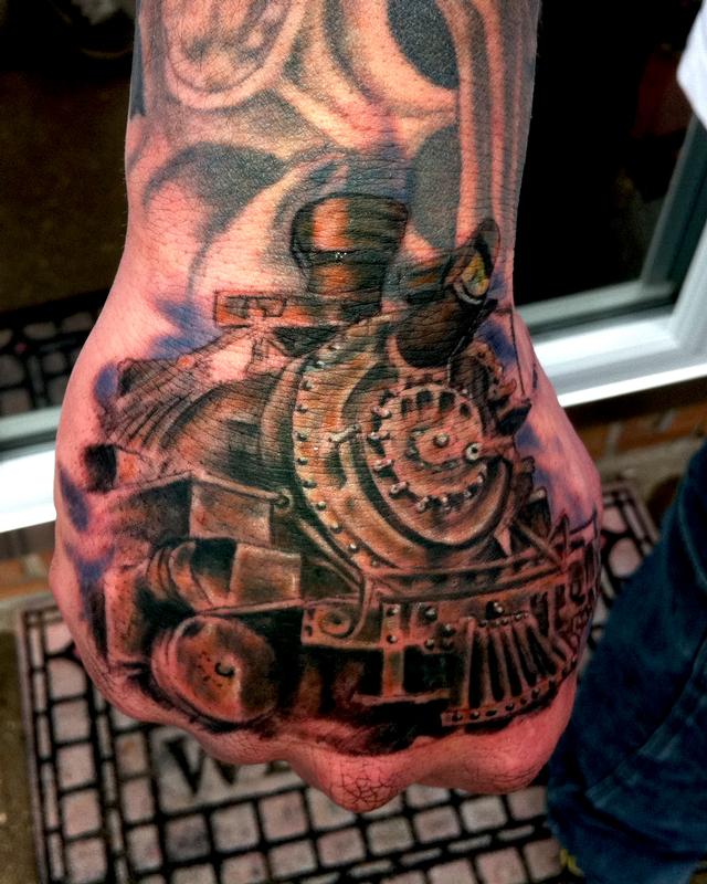 Old Steam Train Engine Tattoo On Hand