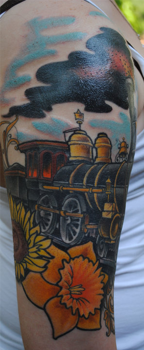 Old Train Engine With Flowers Tattoo On Right Half Sleeve