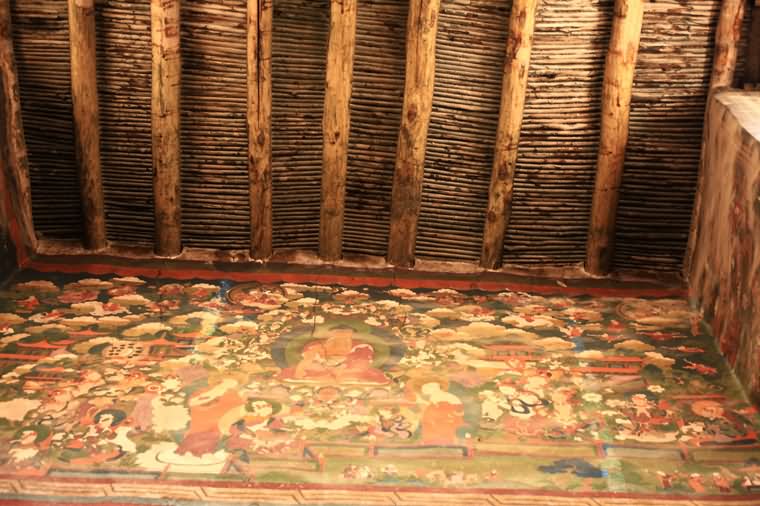 Paintings On Wall And Wooden Ceiling Inside The Leh Palace