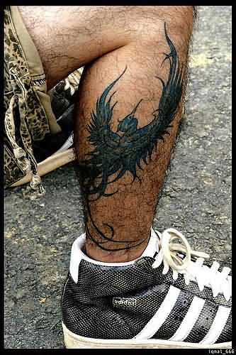 Phoenix Tattoo On Man Right Leg
